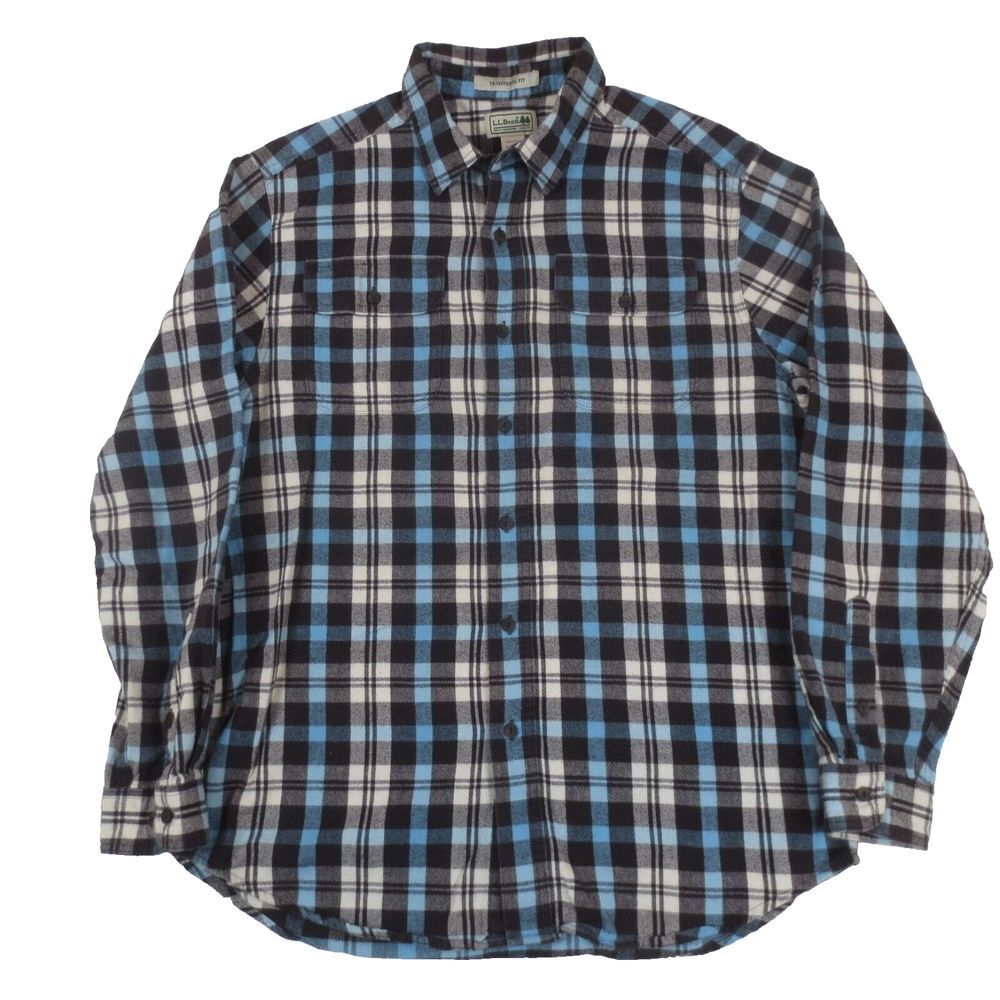 LL Bean Flannel Shirt Mens Med Blue Plaid Traditional Fit Cotton Long Sleeve Y2K